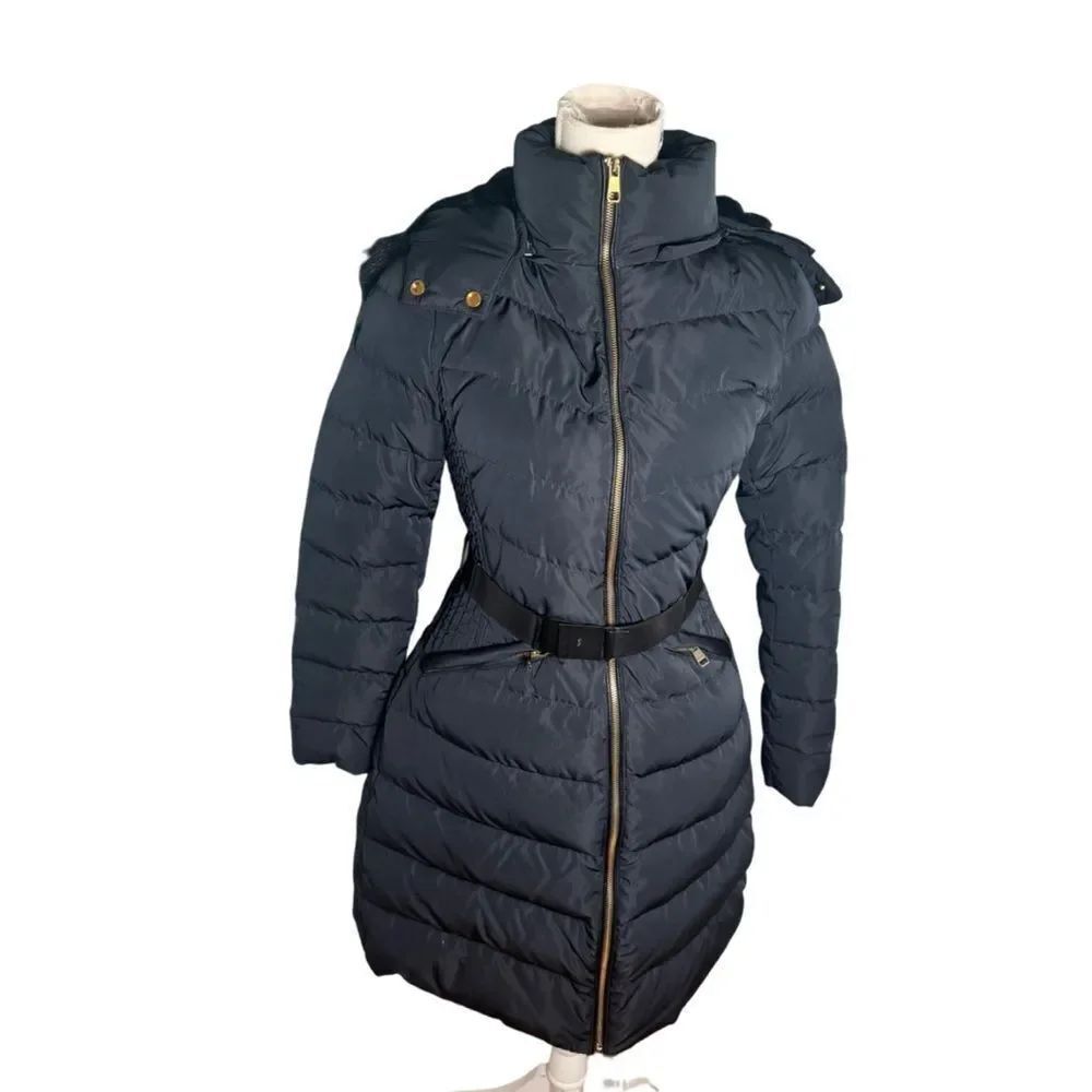 Zara Navy Down Puffer Coat Belted Faux Fur Hood water wind protection m